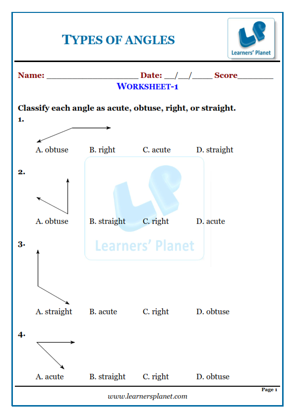 Types of angles mcq worksheet